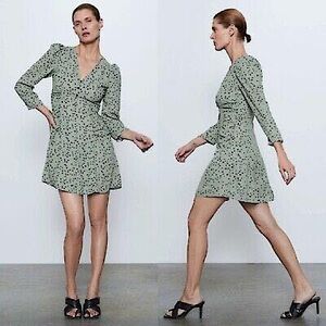 Zara Black Polka Dot V-Neck Long Sleeve Sage Mini Short Dress, Mint Green,Size S